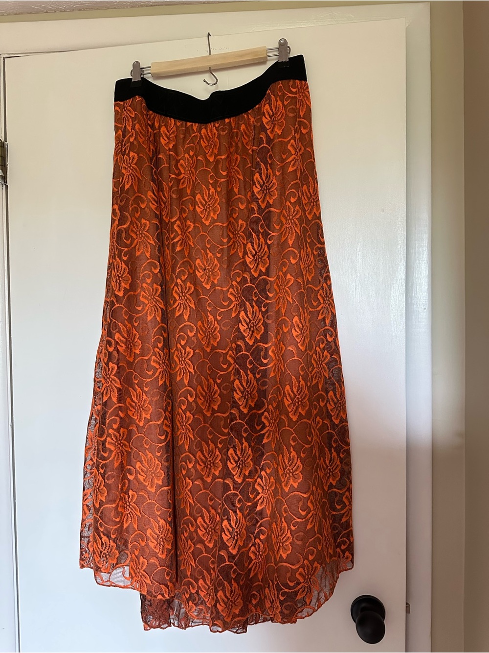 LuLaRoe Orange Lace Maxi Skirt with Black Waistband